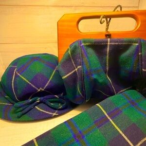 Trimingham’s LONDON Green and Blue Plaid skirt, hat, bag, scarf Set wool vintage